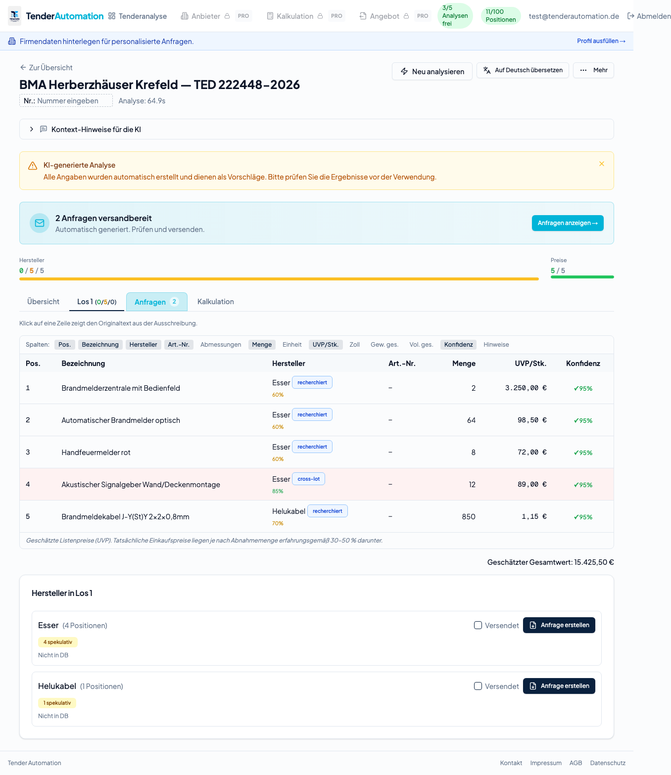 Tender Automation — Echte Ausschreibungsanalyse mit erkannten Herstellern