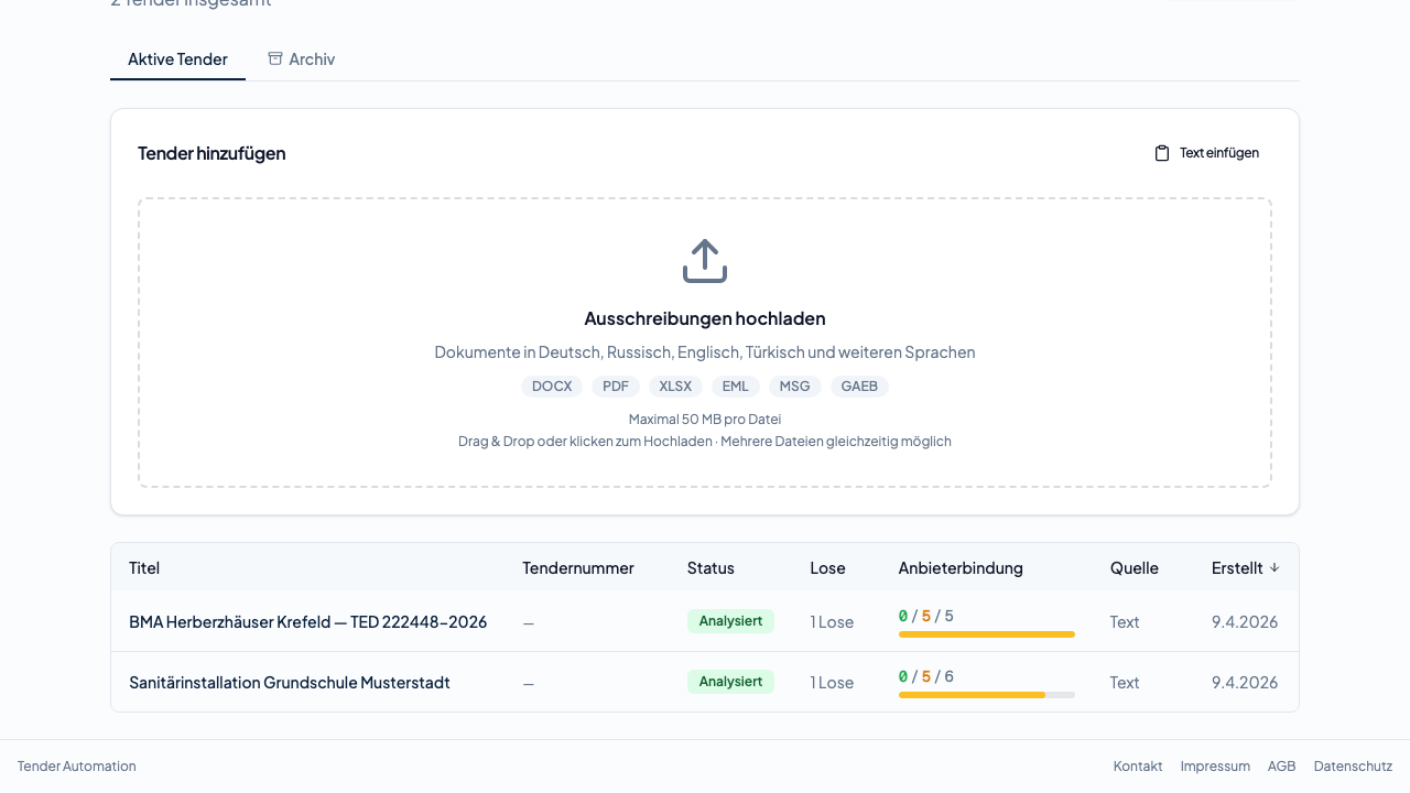 Dashboard mit analysierten Tendern